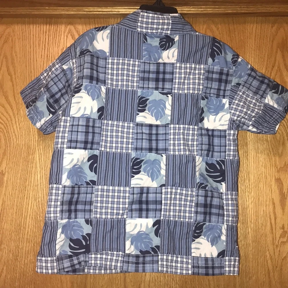 Gymboree 5 cotton poplin patchwork madras plaid button down shirt blue white